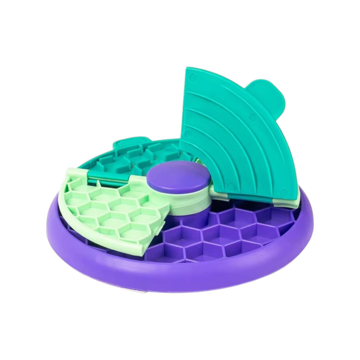 Rotatable slow feeder dog bowl with kibble in the maze channels