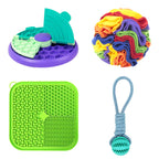 Set of colorful toys including a puzzle, stress ball, maze, and ball with handle on a white background.