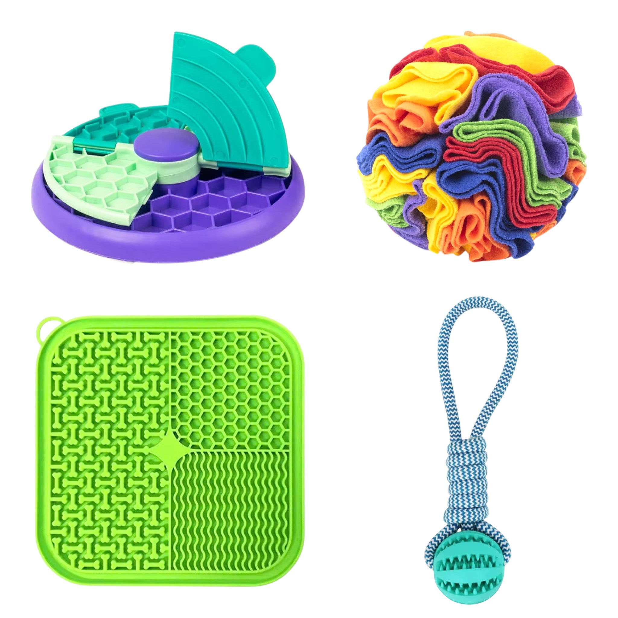 Set of colorful toys including a puzzle, stress ball, maze, and ball with handle on a white background.
