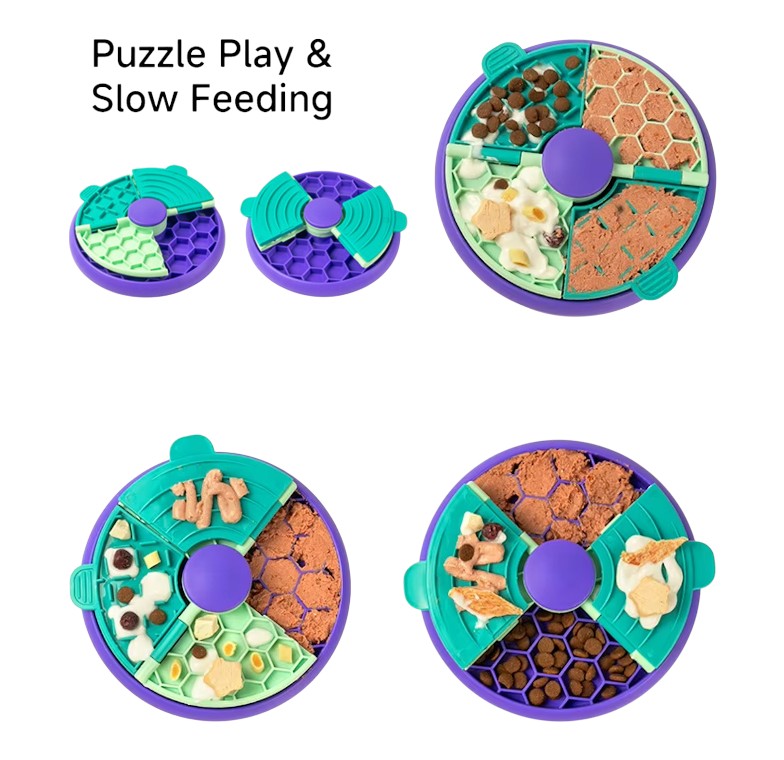 Pet puzzle feeder with various compartments on a white background  — Happy Pets, Healthy Habits