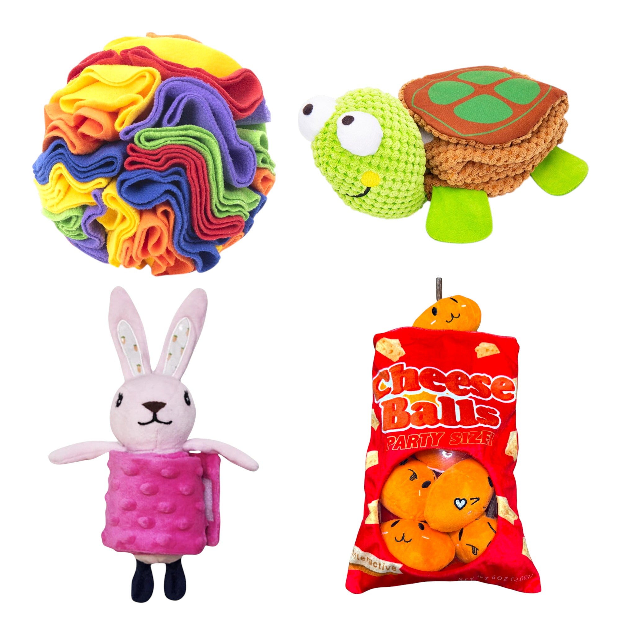 Four colorful toys, including a rainbow ball, turtle, rabbit, and 'Cheese Balls' package, on a white background - Happy Pets, Healthy Habits.