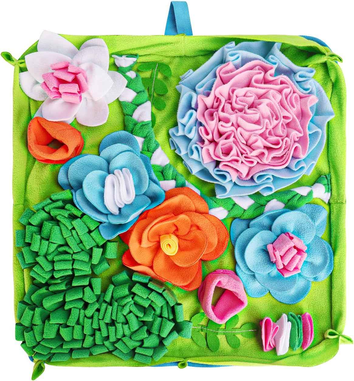 FurSniff floral snuffle mat for dogs, featuring colorful fleece flowers and hiding spots for treats. Green base with pink, blue, and orange accents.