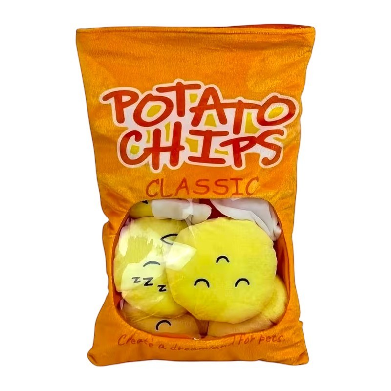 FurSniff Chips Bag Snuffle Toy Set with five plush potato toys inside a crinkle bag. Yellow plush toys have cute embroidered faces.