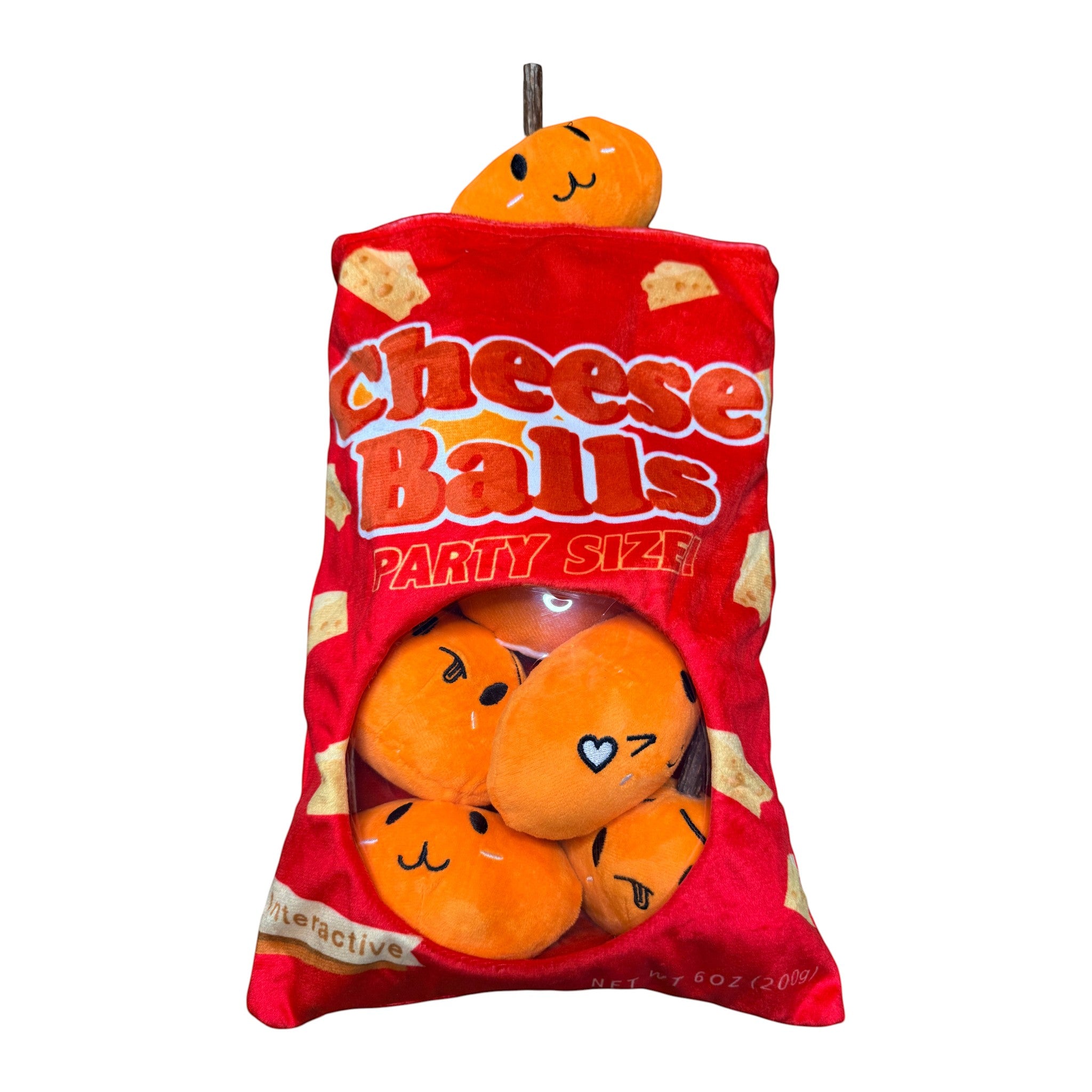 FurSniff Cheese Bag Snuffle Toy Set with 5 plush orange cheese toys inside a red bag.