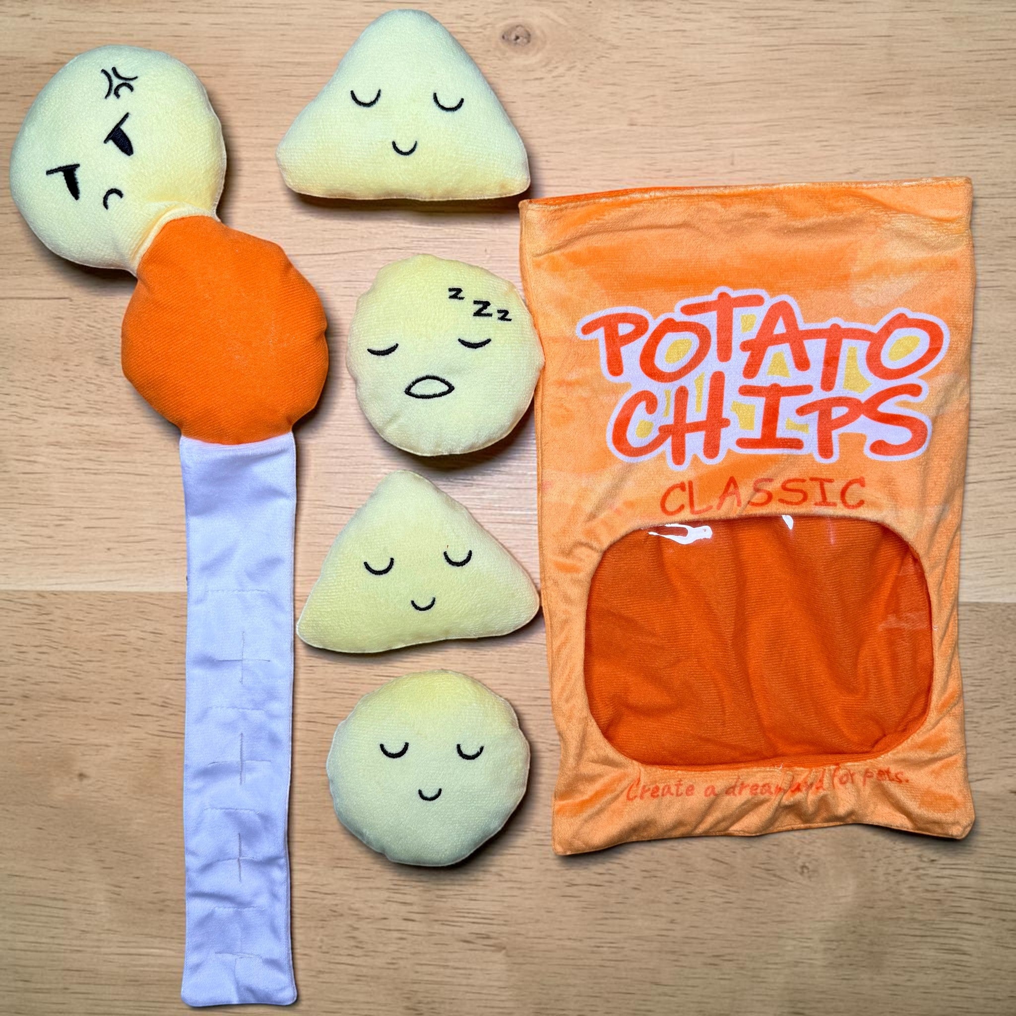 FurSniff Chips Bag Snuffle Toy Set with five plush potato toys and a crinkle bag. Yellow plush toys have cute sleepy faces.
