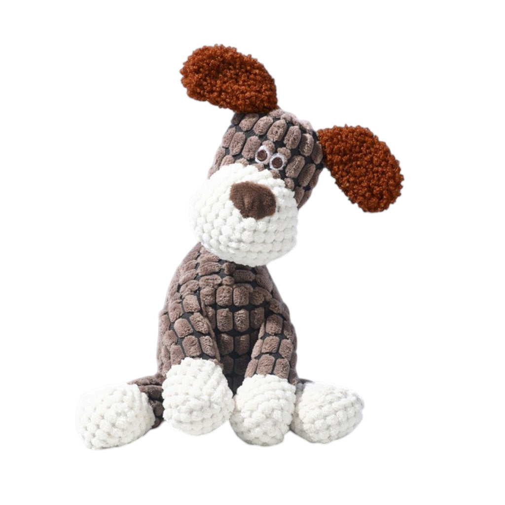 FurSniff brown corduroy dog toy with white accents and built-in squeaker