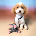 FurSniff plush squeaky donkey dog toy in gray with pink accents, made of corduroy-style fabric.