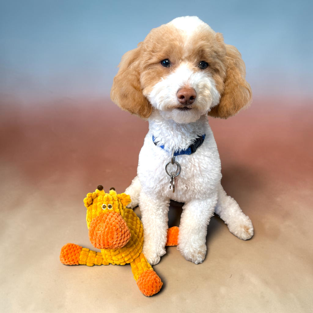 FurSniff yellow and orange plush squeaky giraffe dog toy with corduroy-style fabric.