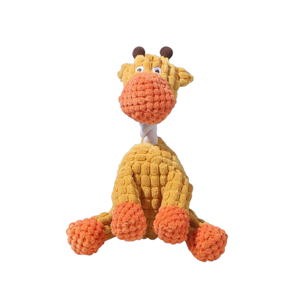 FurSniff yellow plush giraffe dog toy with orange corduroy accents and a built-in squeaker.