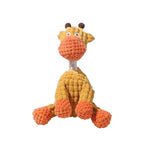 FurSniff yellow plush giraffe dog toy with orange corduroy accents and a built-in squeaker.