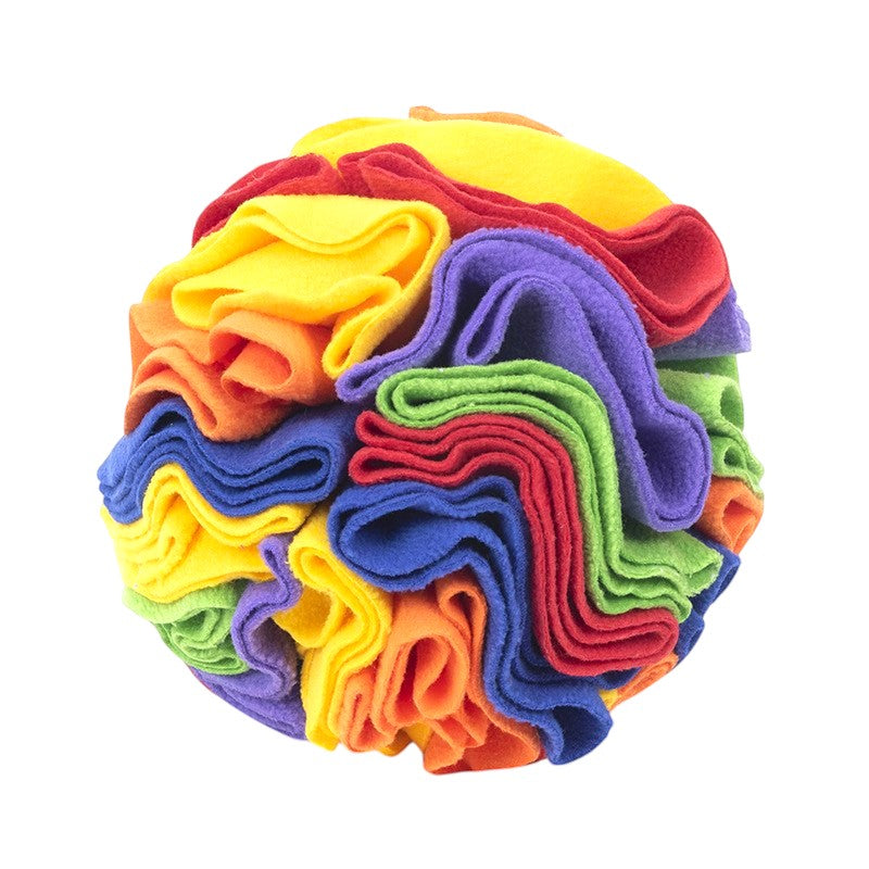 FurSniff Rainbow Snuffle Ball, a colorful fleece foraging toy for dogs, 4-inch diameter.