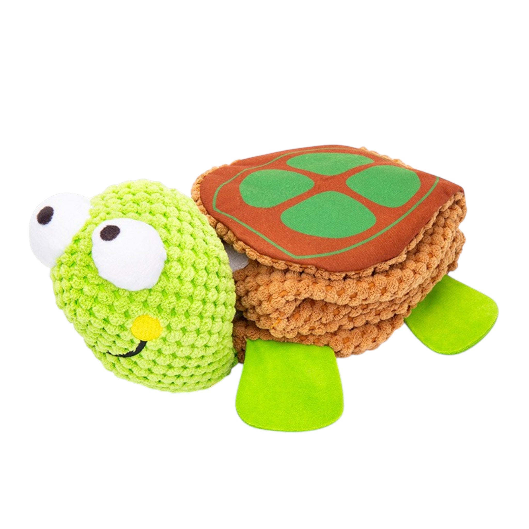 FurSniff plush turtle dog toy with removable shell and green snuffle strip. Features a squeaker.