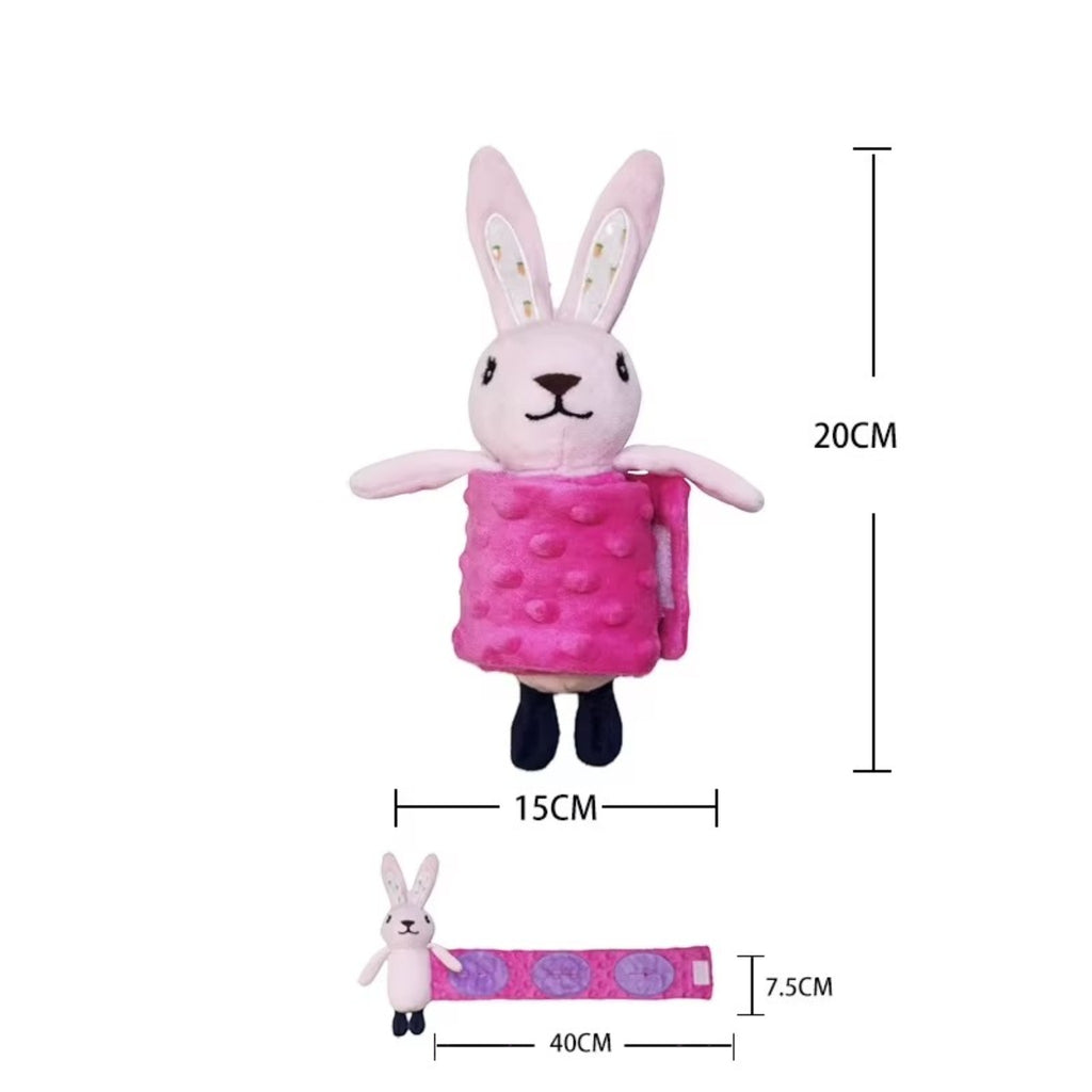 FurSniff pink plush bunny dog toy with a textured pink wrap and hidden treat strip. Features a squeaker.